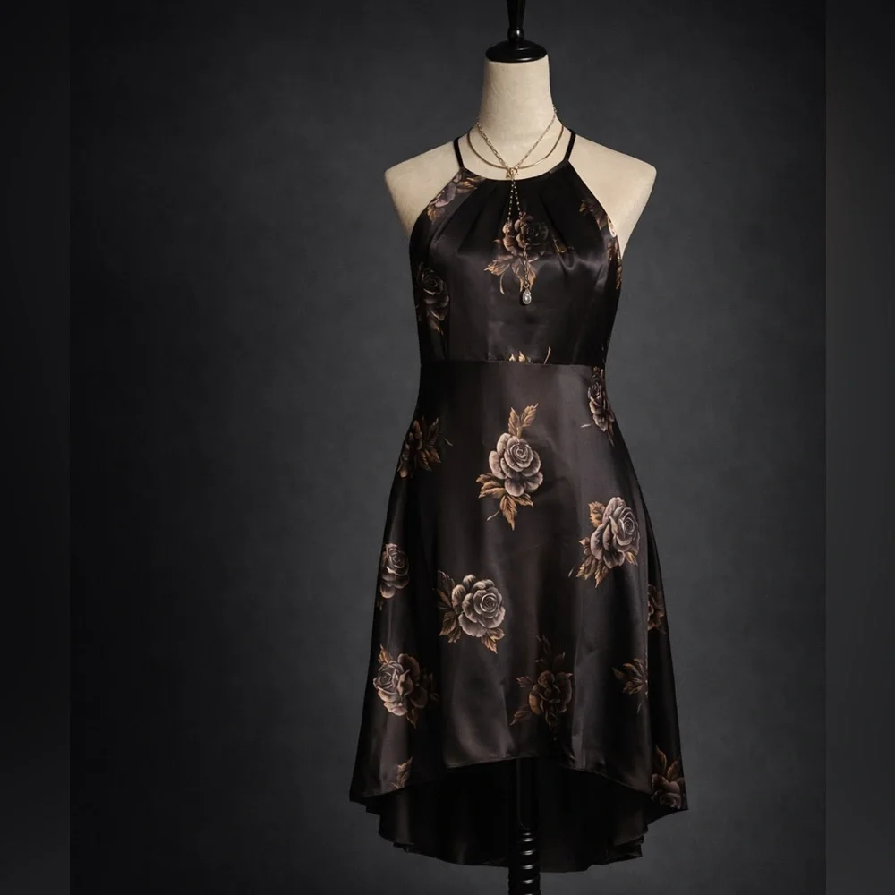 Black Satin Floral Halter Dress